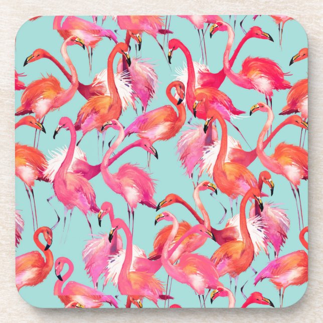 Watercolor Flamingos Gathered Coaster (Front)