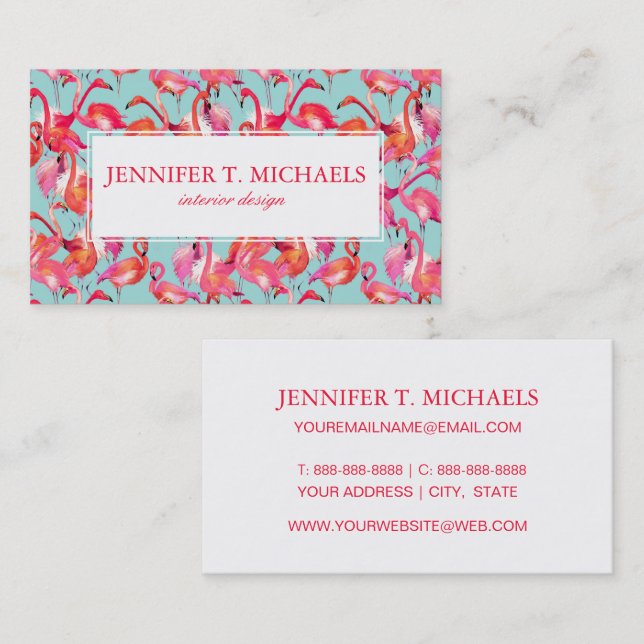 Watercolor Flamingos Gathered | Monogram Business Card (Front/Back)