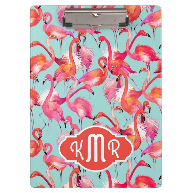 Watercolor Flamingos Gathered | Monogram Clipboard (Front)