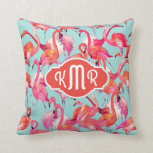 Watercolor Flamingos Gathered   Monogram Cushion
