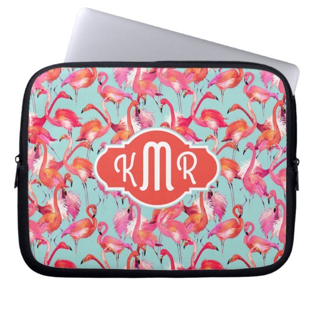 Watercolor Flamingos Gathered | Monogram Laptop Sleeve (Front)