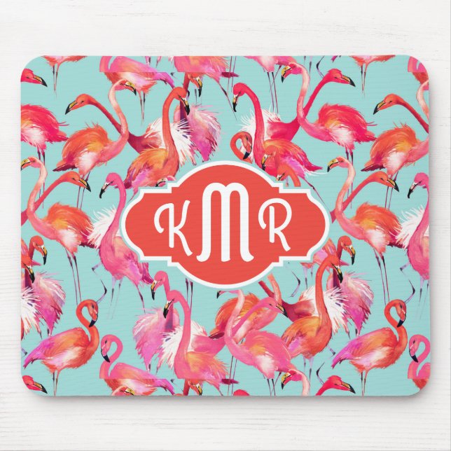 Watercolor Flamingos Gathered | Monogram Mouse Pad (Front)