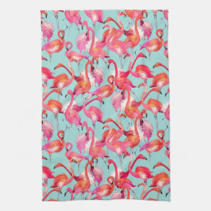 Watercolor Flamingos Gathered Tea Towel