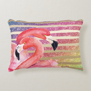 Watercolor Flamingos Glitter Gold Stripes Decorative Cushion