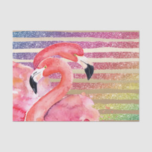 Watercolor Flamingos Glitter Gold Stripes Tissue Paper