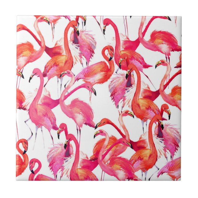 Watercolor Flamingos In Watercolors Ceramic Tile (Front)
