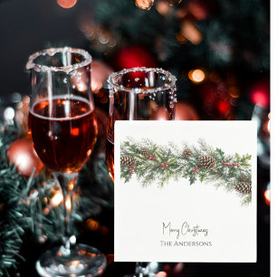 Watercolor Flocked Garland Personalised Christmas Napkin