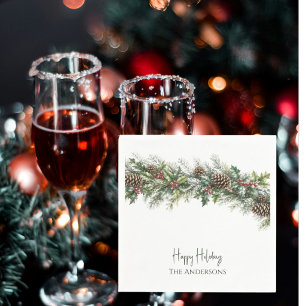 Watercolor Flocked Garland Personalised Holiday Napkin
