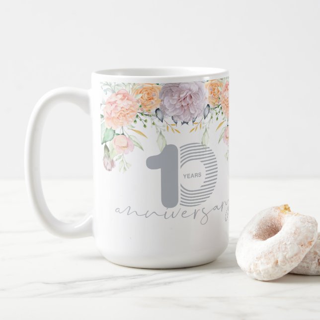 Watercolor Floral 10th Wedding Anniversary Coffee Mug (With Donut)