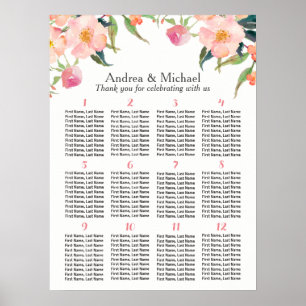 Watercolor Floral 12 Tables Wedding Seating Chart