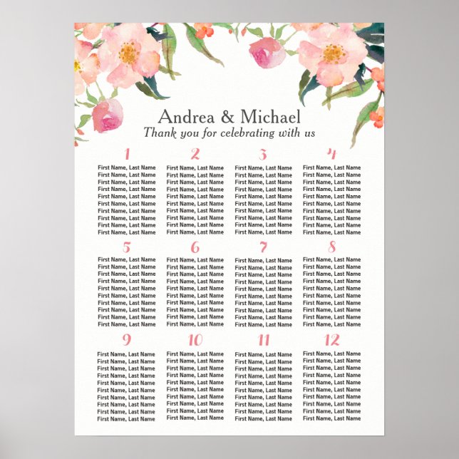 Watercolor Floral 12 Tables Wedding Seating Chart (Front)