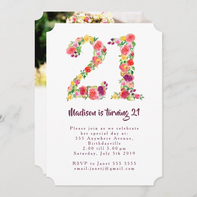 Watercolor Floral 21st Birthday Photo Shaped Invitation (Front/Back)