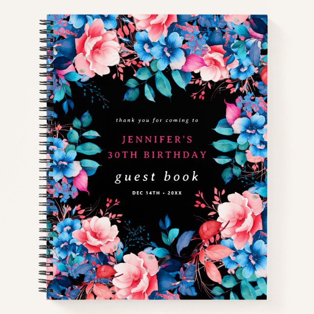 Watercolor Floral 30th Birthday Guest Book Black  (Front)