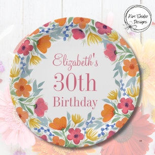 Watercolor Floral 30th Birthday Paper Plate