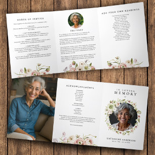 Watercolor Floral 3-Photo Funeral/Memorial Service Tri-Fold Programme