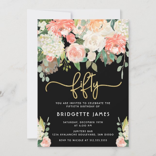 Watercolor Floral 50th Birthday Invitation (Front)
