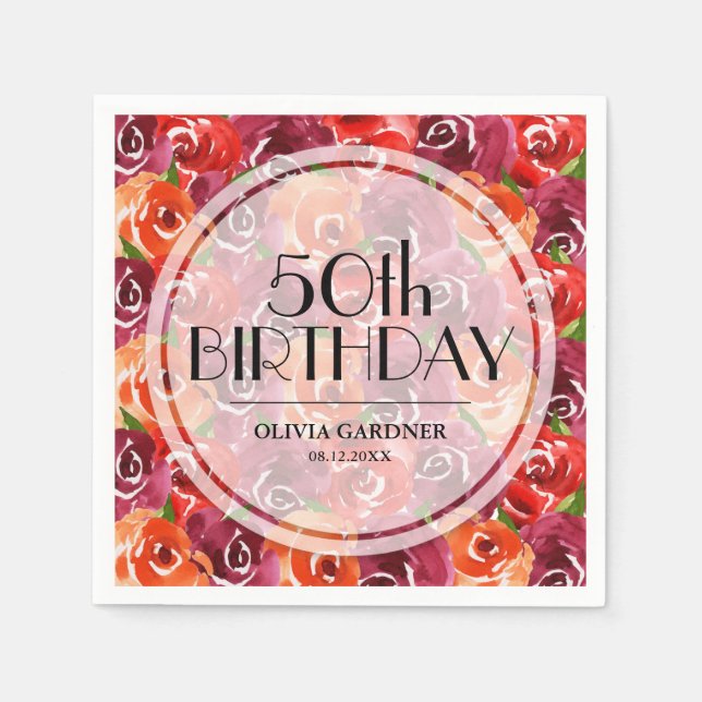 Watercolor Floral 50th Birthday Napkin (Front)