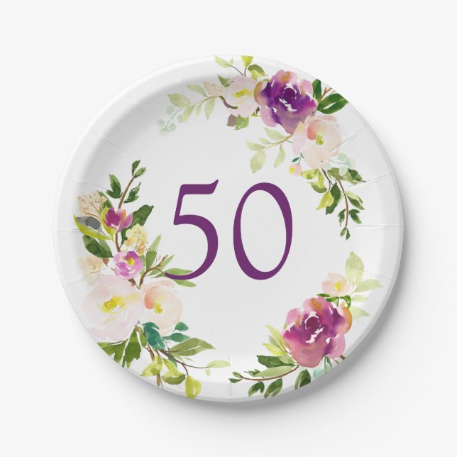 Watercolor Floral 50th Birthday Paper Plate (Front)