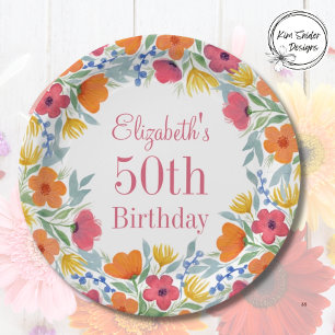 Watercolor Floral 50th Birthday Paper Plate