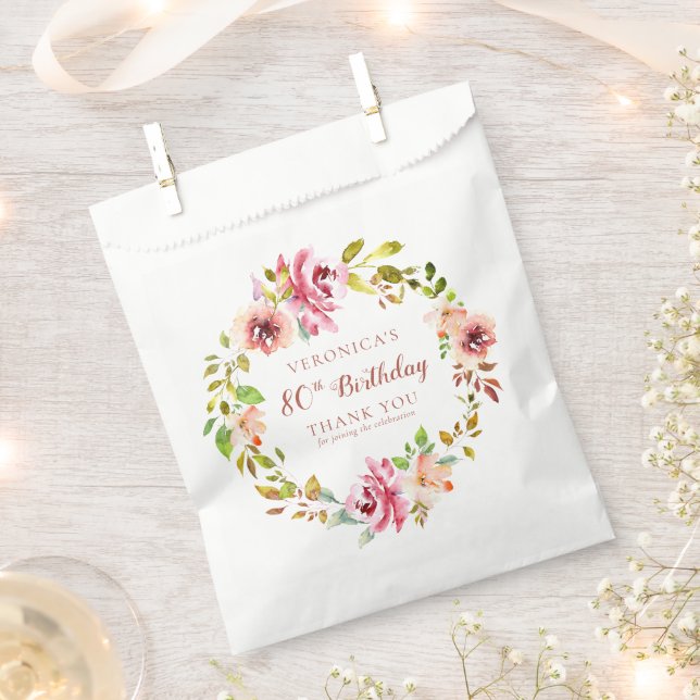 Watercolor Floral 80th Birthday Thank You  Favour Bag (Clipped)