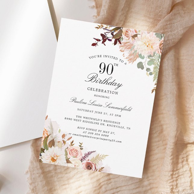 Watercolor Floral 90th Birthday Party Invitation (Watercolor Floral 90th Birthday Party Invitation)