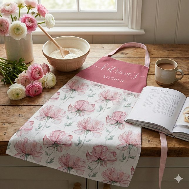 Watercolor Floral All-Over Print Apron (This beautiful watercolor floral personalized apron would make a great bridal shower gift! )
