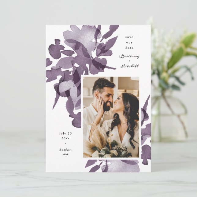 Watercolor Floral Amethyst Photo Save the Date Invitation (Standing Front)