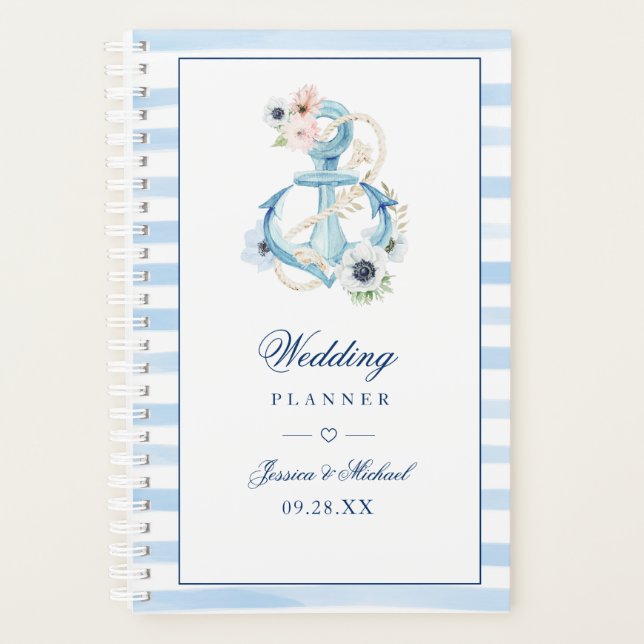 Watercolor Floral Anchor Blue Stripes Wedding Planner (Front)
