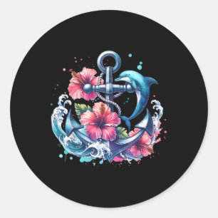 Watercolor Floral Anchor Dolphin Nautical Sea Anim Classic Round Sticker