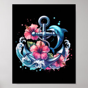 Watercolor Floral Anchor Dolphin Nautical Sea Anim Poster