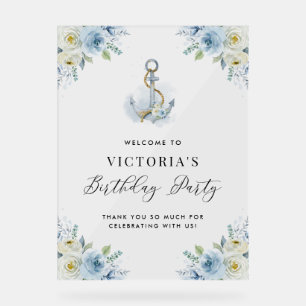 Watercolor Floral Anchor Nautical Birthday Party Acrylic Sign