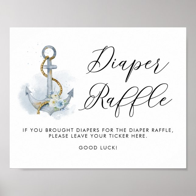 Watercolor Floral Anchor Nautical Diaper Raffle Poster (Front)