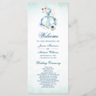 Watercolor Floral Anchor Teal Beach Wedding Program