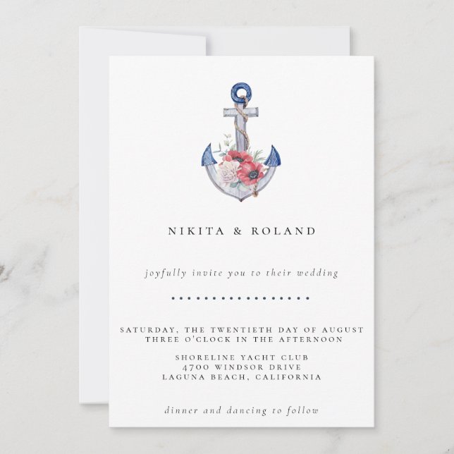 Watercolor Floral Anchor Wedding Invitation (Front)
