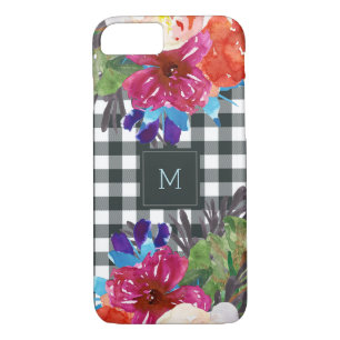 Watercolor Floral and Black Gingham with Monogram iPhone 8/7 Case