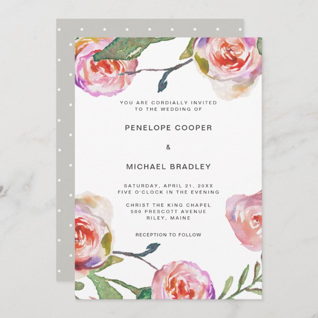 Watercolor Floral and Dots Wedding Invitation (Front/Back)