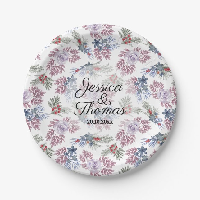 Watercolor Floral and Foliage Wedding  Paper Plate (Front)