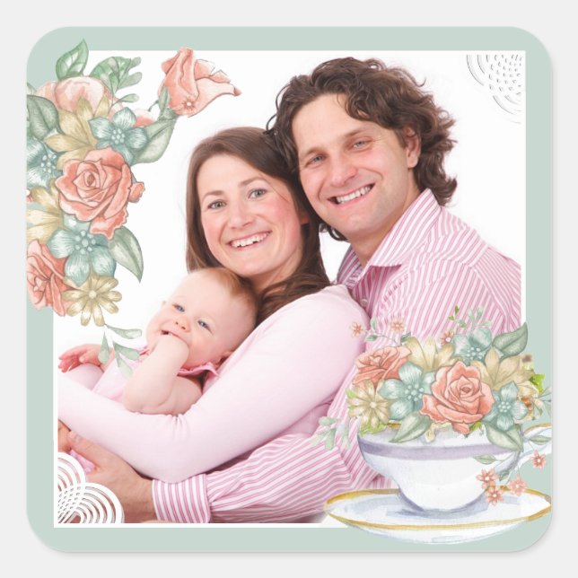 Watercolor Floral and Teacup Custom Photo Square Sticker (Front)