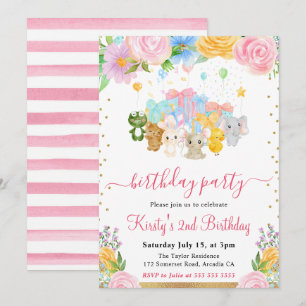 Watercolor Floral Animal Friends Birthday Party Invitation
