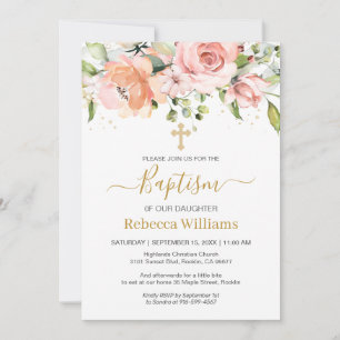 Watercolor Floral Apricot Pink Roses Baby Baptism Invitation