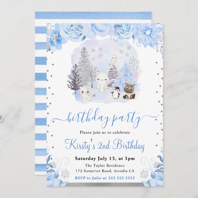 Watercolor Floral Arctic Animals Birthday Invitation (Front/Back)