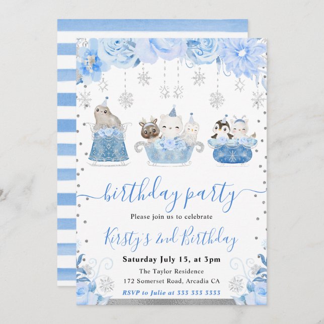 Watercolor Floral Arctic Animals Birthday Invitation (Front/Back)