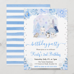 Watercolor Floral Arctic Animals Kids Birthday Invitation