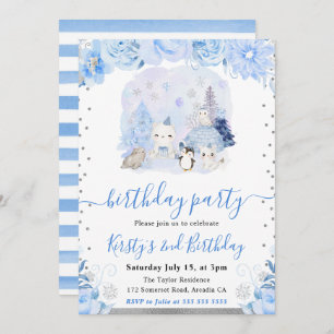 Watercolor Floral Arctic Animals Kids Birthday Invitation