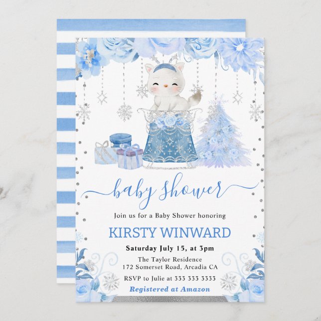 Watercolor Floral Arctic Fox Baby Shower Invitation (Front/Back)
