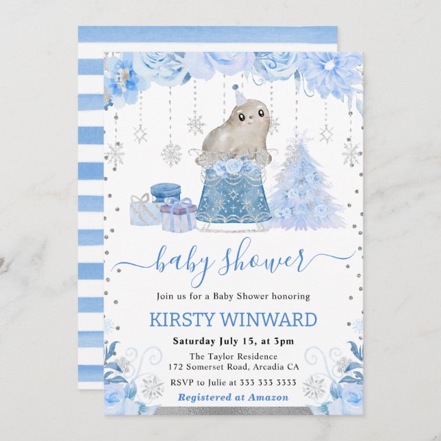 Watercolor Floral Arctic Seal Baby Shower Invitation (Front/Back)
