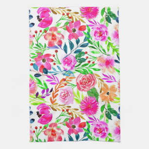 WATERCOLOR FLORAL ART DESIGN, COLORFUL FLOWERS TEA TOWEL