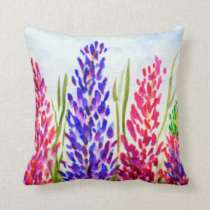 Watercolor Floral Art Lupine Wildflowers Purple Cushion