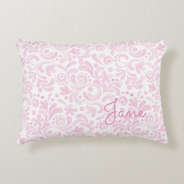 Watercolor Floral Art NAME pink white girly sweet Decorative Cushion (Front)