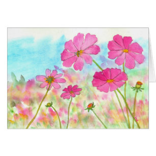 Watercolor Floral Art Pink Cosmos Wildflowers